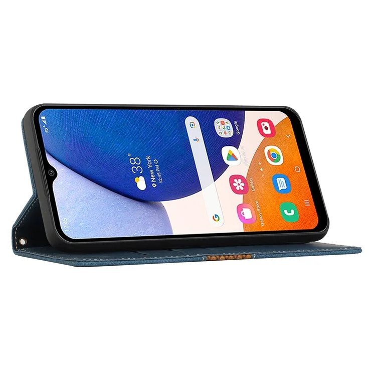 Funda de cuero con diseño de cuadrícula y soporte para Samsung Galaxy S25 - Azul