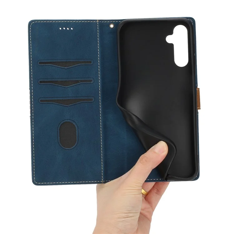 Funda de cuero con diseño de cuadrícula y soporte para Samsung Galaxy S25 - Azul