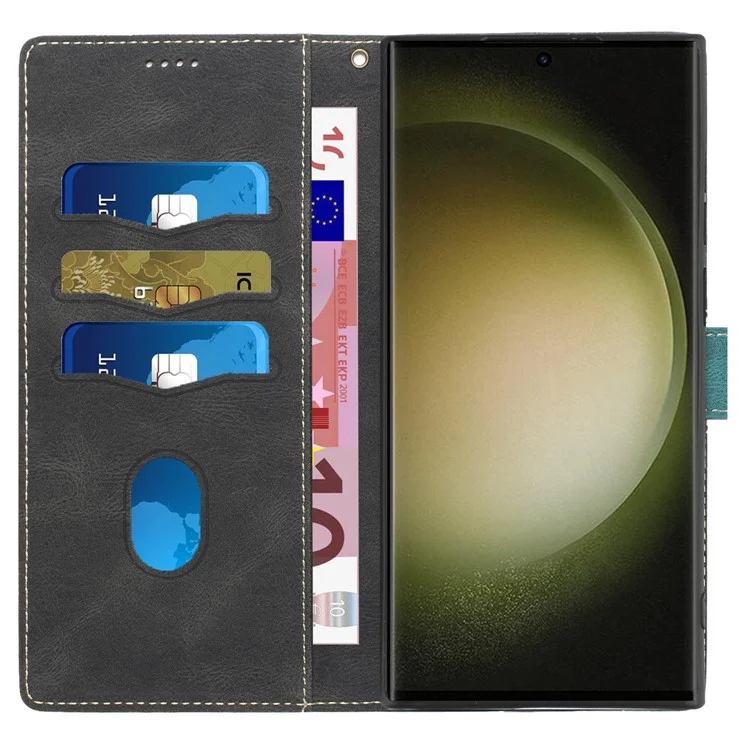 Für Samsung Galaxy S25 Ultra Lederetui Gitterspaltung Stand Brieftasche Handyhülle - Schwarz
