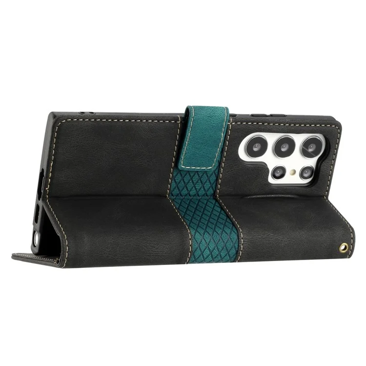 Für Samsung Galaxy S25 Ultra Lederetui Gitterspaltung Stand Brieftasche Handyhülle - Schwarz