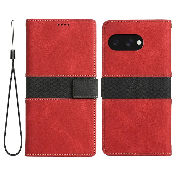 Funda de cuero para Google Pixel 9a, con diseño de cuadrícula, soporte y monedero - Roja