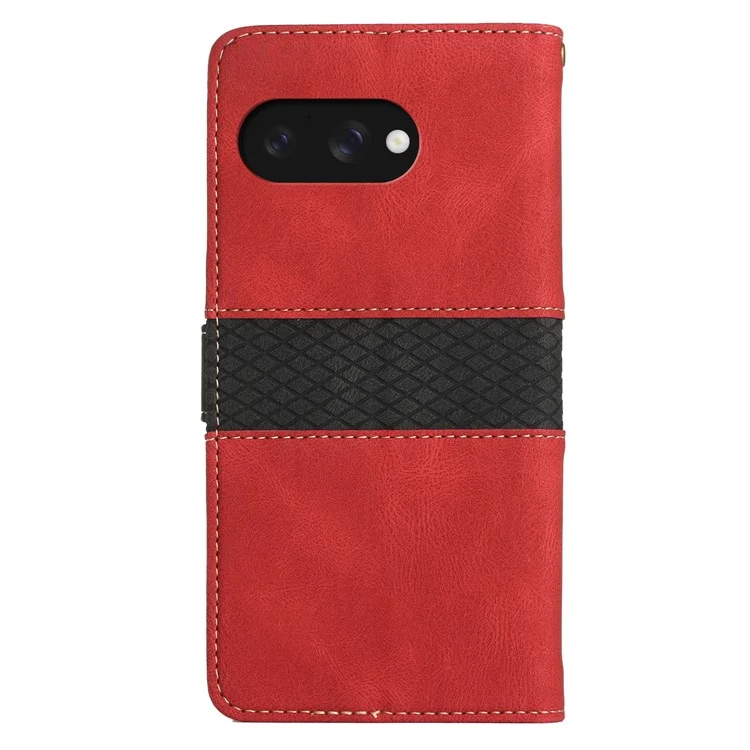 Funda de cuero para Google Pixel 9a, con diseño de cuadrícula, soporte y monedero - Roja