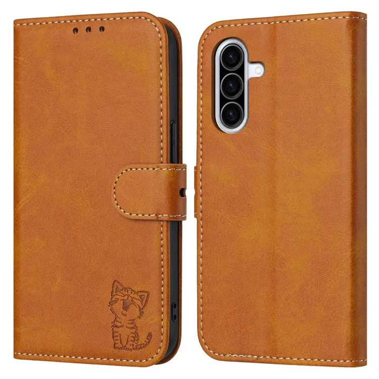Für Samsung Galaxy A26 5G Hülle Fröhliche Katze Muster geprägt Leder Brieftasche Handyhülle - Gelb