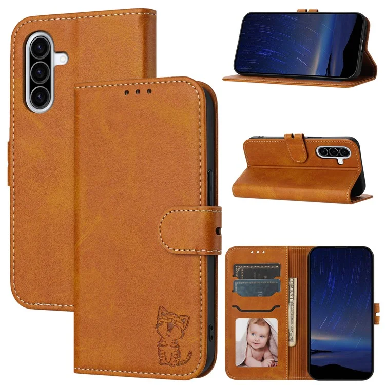 Für Samsung Galaxy A26 5G Hülle Fröhliche Katze Muster geprägt Leder Brieftasche Handyhülle - Gelb
