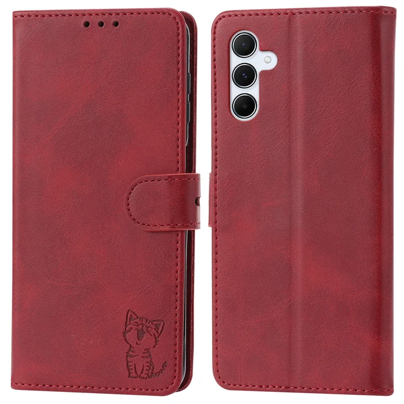 Für Samsung Galaxy A56 5G Hülle Happy Cat Muster Geprägtes Leder Brieftasche Handyhülle - Rot