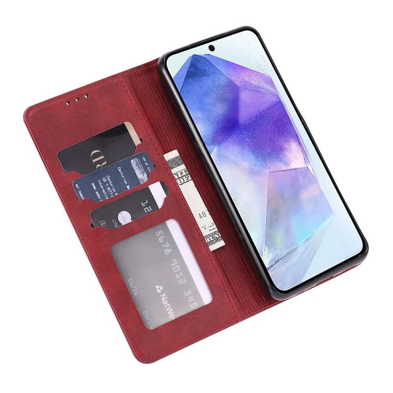 Für Samsung Galaxy A56 5G Hülle Happy Cat Muster Geprägtes Leder Brieftasche Handyhülle - Rot