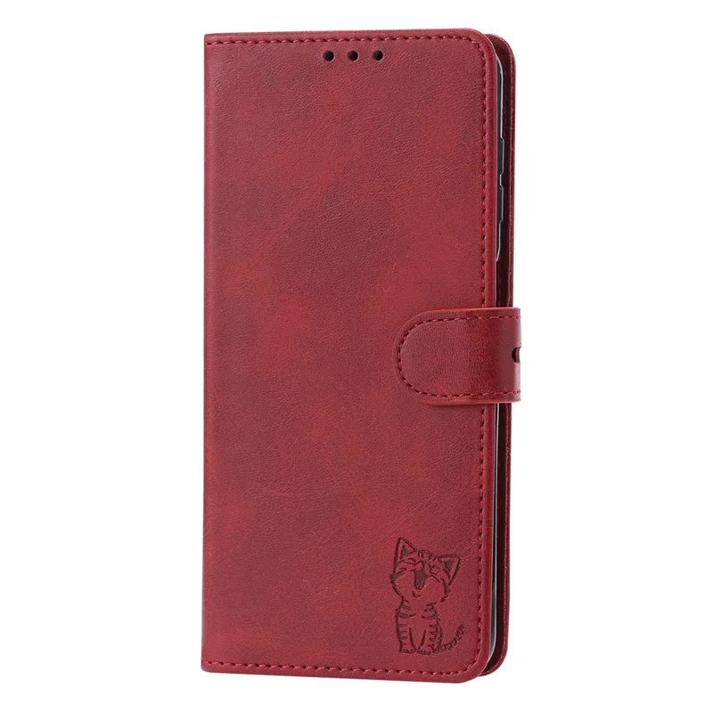 Für Samsung Galaxy A56 5G Hülle Happy Cat Muster Geprägtes Leder Brieftasche Handyhülle - Rot