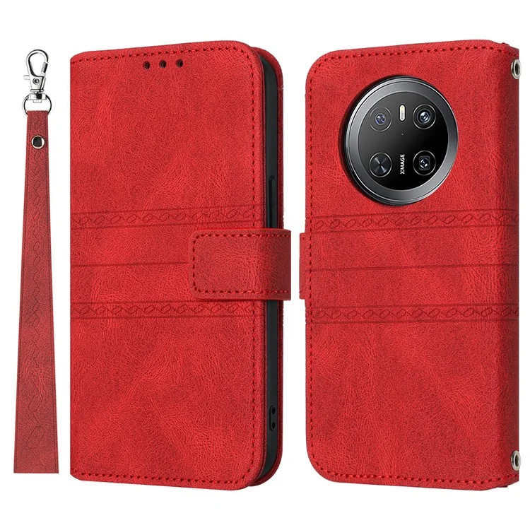 Funda billetera para Huawei Mate 70, de piel con tacto suave y diseño grabado - Rojo