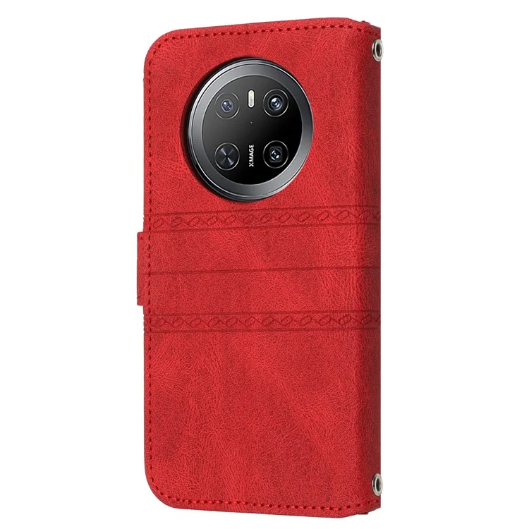 Funda billetera para Huawei Mate 70, de piel con tacto suave y diseño grabado - Rojo