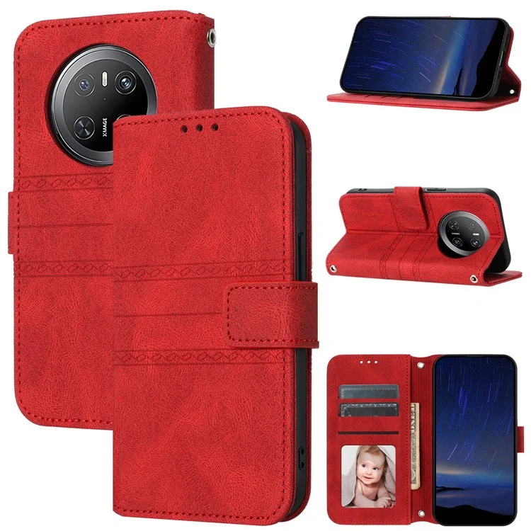 Funda billetera para Huawei Mate 70, de piel con tacto suave y diseño grabado - Rojo