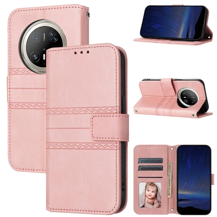 For Huawei Mate 70 Pro / Mate 70 Pro+ Case Wallet Skin-Touch Leather Imprinted Phone Cover - Pink