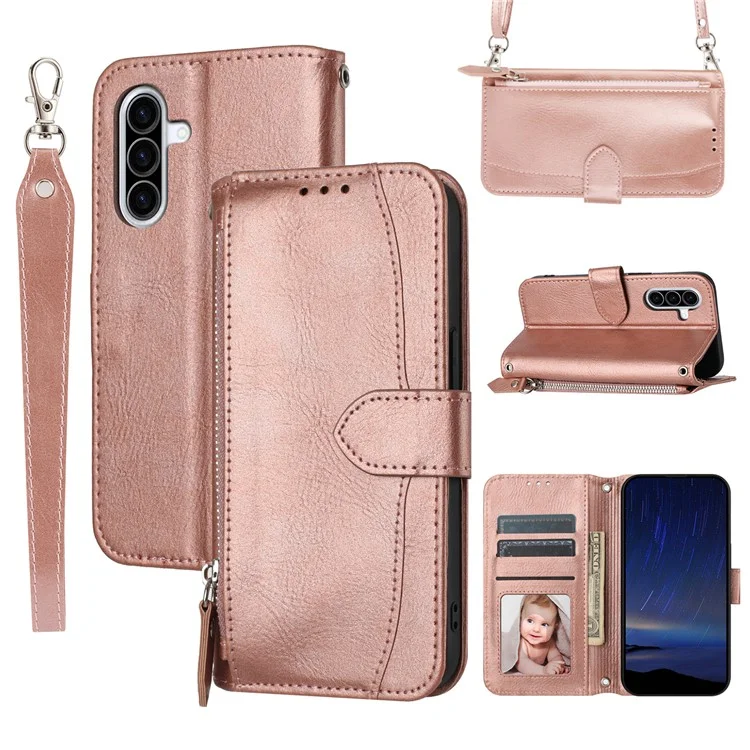 Capa para Samsung Galaxy A26 5G com bolso com zíper e alça transversal de ombro - Rosa Dourado