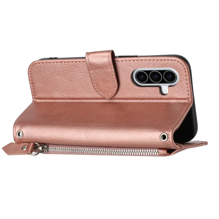 Capa para Samsung Galaxy A26 5G com bolso com zíper e alça transversal de ombro - Rosa Dourado