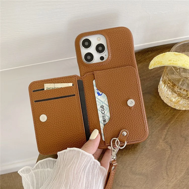 Für iPhone 15 Pro Hülle mit Kartenschlitzen, Ständer, PU-Leder + PET-Handyhülle mit Handschlaufe - Dunkelbraun