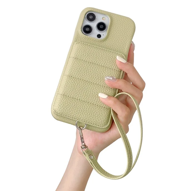 Чехол для iPhone 15 Pro Max с слотами для карт, подставкой, кожаный + PET-чехол с ремешком на запястье - Зеленый
