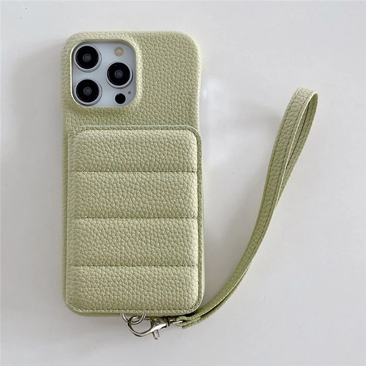 Чехол для iPhone 15 Pro Max с слотами для карт, подставкой, кожаный + PET-чехол с ремешком на запястье - Зеленый