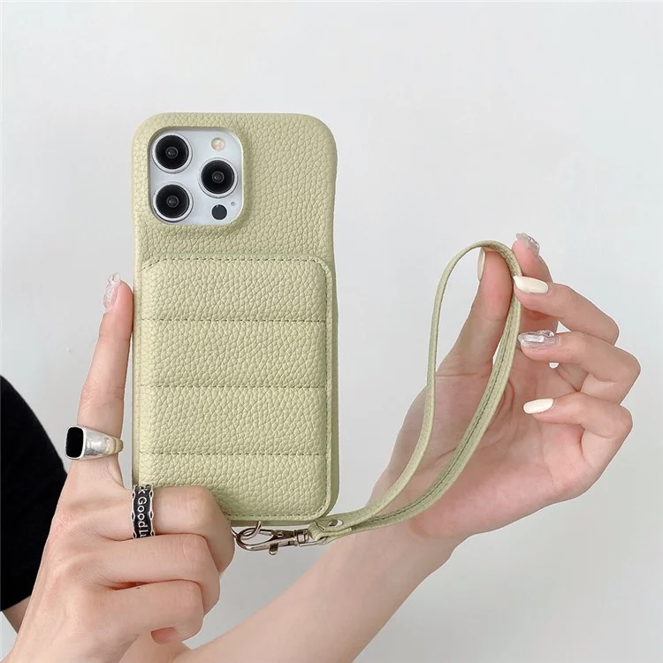 Чехол для iPhone 15 Pro Max с слотами для карт, подставкой, кожаный + PET-чехол с ремешком на запястье - Зеленый