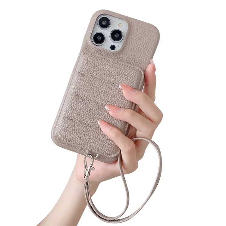 Чехол для iPhone 16 Pro с отделениями для карт, подставкой, из искусственной кожи ПУ + ПЭТ с ремешком на запястье - Серый