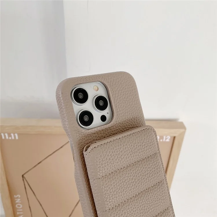 Чехол для iPhone 16 Pro с отделениями для карт, подставкой, из искусственной кожи ПУ + ПЭТ с ремешком на запястье - Серый