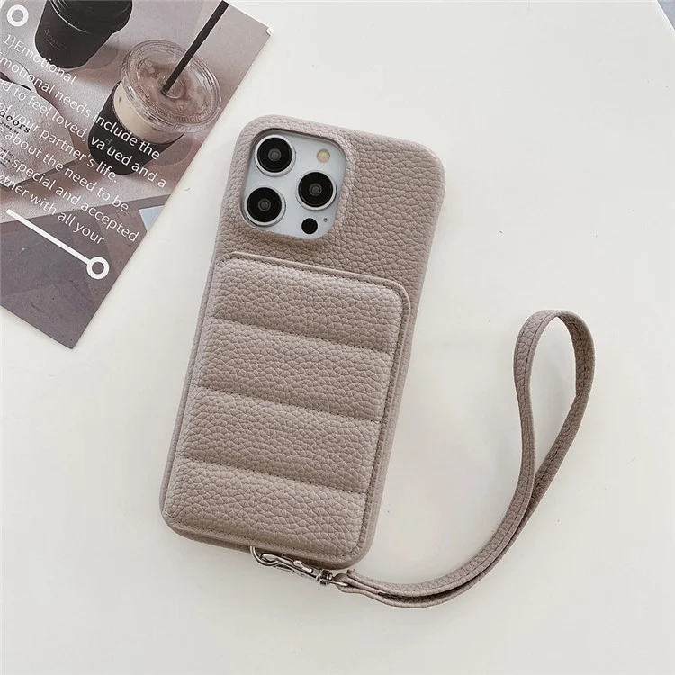 Чехол для iPhone 16 Pro с отделениями для карт, подставкой, из искусственной кожи ПУ + ПЭТ с ремешком на запястье - Серый