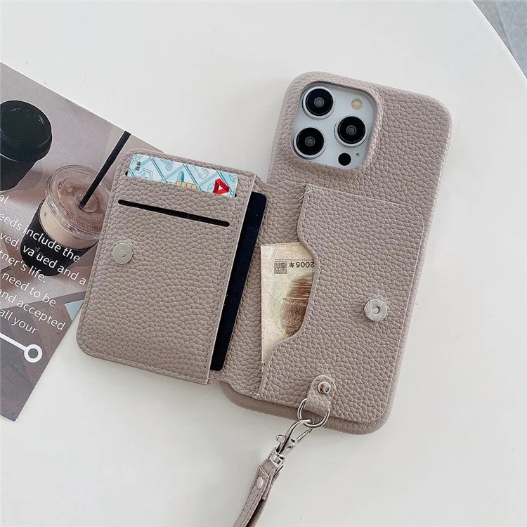 Чехол для iPhone 16 Pro с отделениями для карт, подставкой, из искусственной кожи ПУ + ПЭТ с ремешком на запястье - Серый