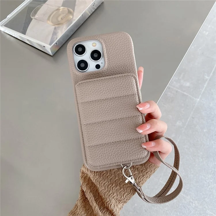 Чехол для iPhone 16 Pro с отделениями для карт, подставкой, из искусственной кожи ПУ + ПЭТ с ремешком на запястье - Серый