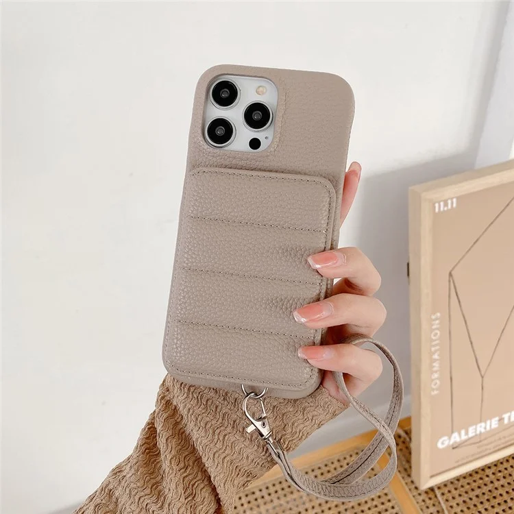 Чехол для iPhone 16 Pro с отделениями для карт, подставкой, из искусственной кожи ПУ + ПЭТ с ремешком на запястье - Серый