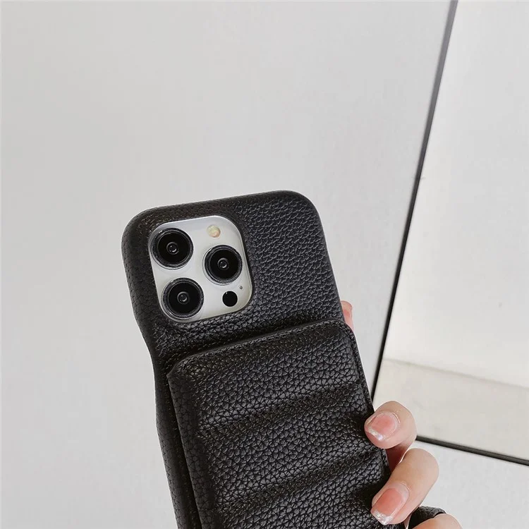 Для iPhone 16 Pro Max Чехол с отделениями для карт, подставка, кожа PU + PET Чехол для телефона с ремешком на запястье - Черный