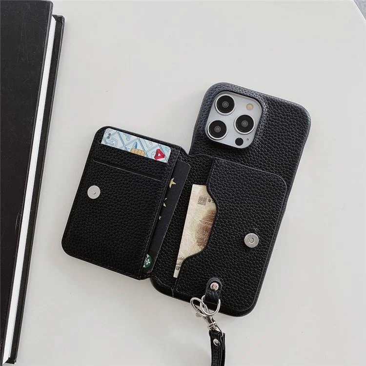 Для iPhone 16 Pro Max Чехол с отделениями для карт, подставка, кожа PU + PET Чехол для телефона с ремешком на запястье - Черный