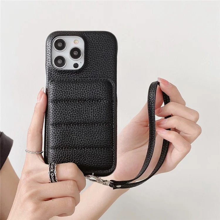 Для iPhone 16 Pro Max Чехол с отделениями для карт, подставка, кожа PU + PET Чехол для телефона с ремешком на запястье - Черный