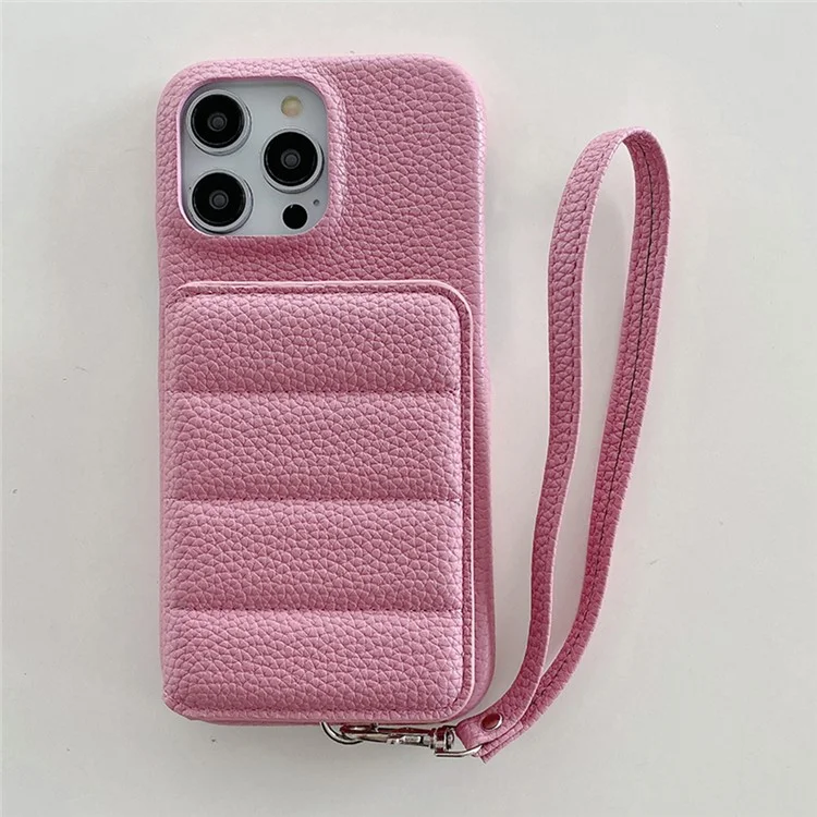 Чехол для iPhone 14 Pro с отделениями для карт, подставкой, из искусственной кожи ПУ + ПЭТ с ремешком на запястье - Розовый