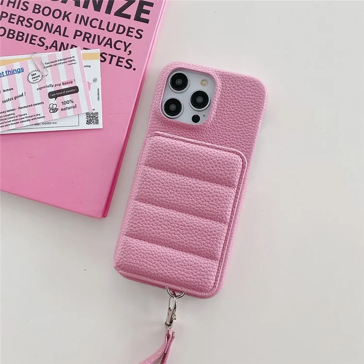 Чехол для iPhone 14 Pro с отделениями для карт, подставкой, из искусственной кожи ПУ + ПЭТ с ремешком на запястье - Розовый