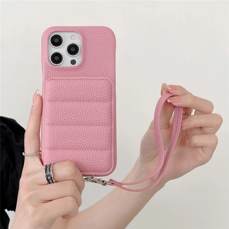 Чехол для iPhone 14 Pro с отделениями для карт, подставкой, из искусственной кожи ПУ + ПЭТ с ремешком на запястье - Розовый