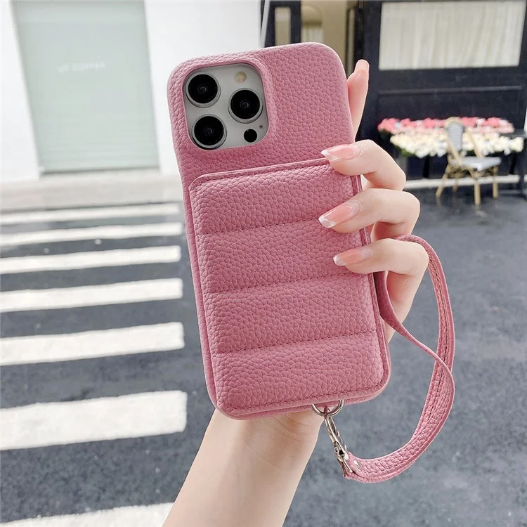 Чехол для iPhone 14 Pro с отделениями для карт, подставкой, из искусственной кожи ПУ + ПЭТ с ремешком на запястье - Розовый