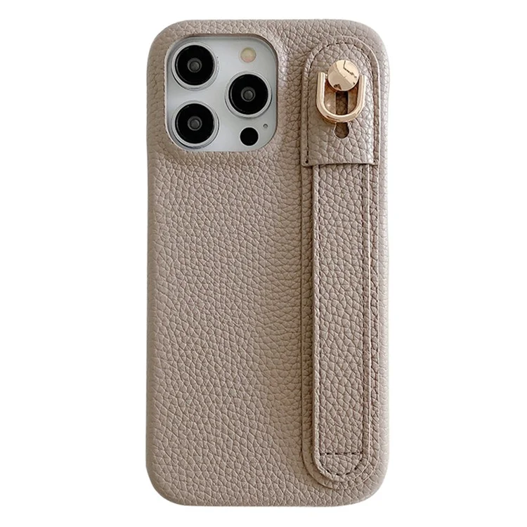 Capa para iPhone 15 Pro Max com pulseira, suporte e cobertura de telefone em couro PU + PET - Cinza