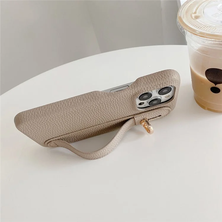 Capa para iPhone 15 Pro Max com pulseira, suporte e cobertura de telefone em couro PU + PET - Cinza