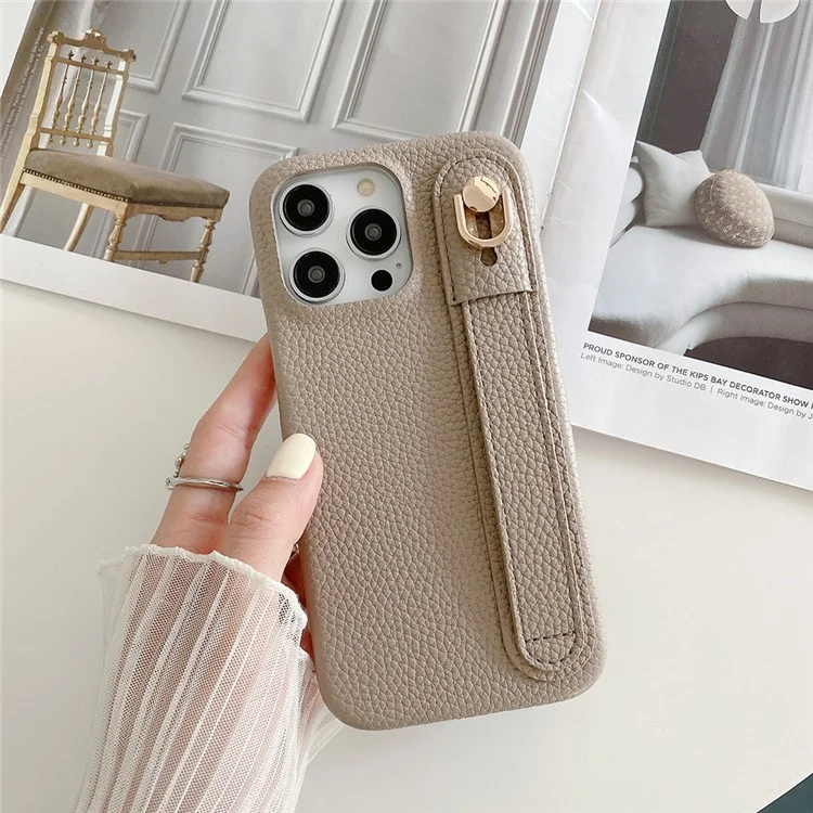 Capa para iPhone 15 Pro Max com pulseira, suporte e cobertura de telefone em couro PU + PET - Cinza