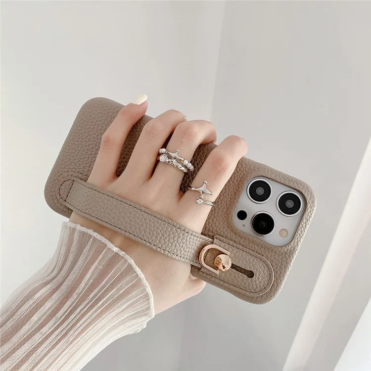 Capa para iPhone 15 Pro Max com pulseira, suporte e cobertura de telefone em couro PU + PET - Cinza
