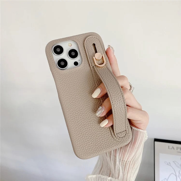 Capa para iPhone 15 Pro Max com pulseira, suporte e cobertura de telefone em couro PU + PET - Cinza