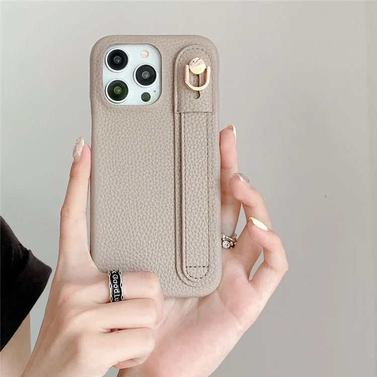 Capa para iPhone 15 Pro Max com pulseira, suporte e cobertura de telefone em couro PU + PET - Cinza