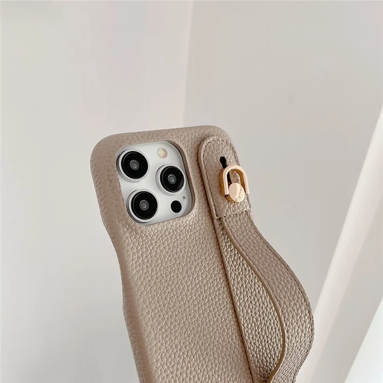 Capa para iPhone 15 Pro Max com pulseira, suporte e cobertura de telefone em couro PU + PET - Cinza