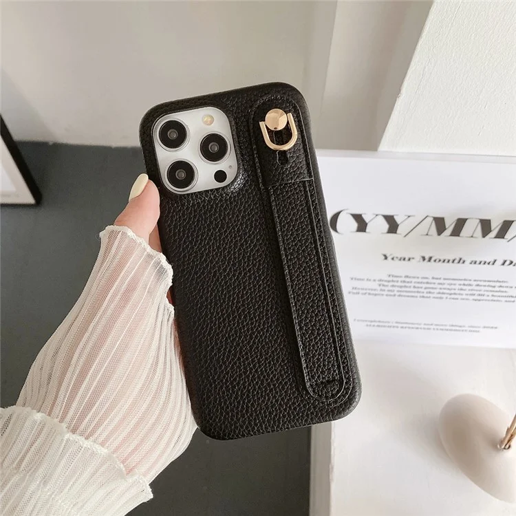 Für iPhone 15 Pro Hülle Armband Ständer PU-Leder + PET Handyhülle - Schwarz