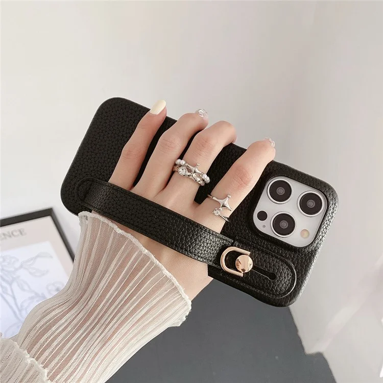 Für iPhone 15 Pro Hülle Armband Ständer PU-Leder + PET Handyhülle - Schwarz