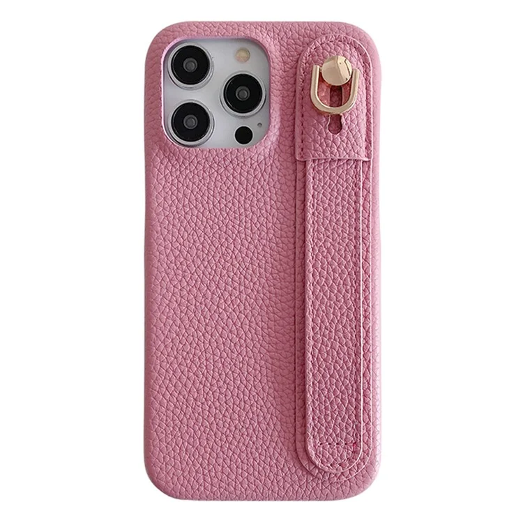 Capa para iPhone 14 Pro Max com suporte para pulso, em couro PU + capa de telefone PET - Rosa