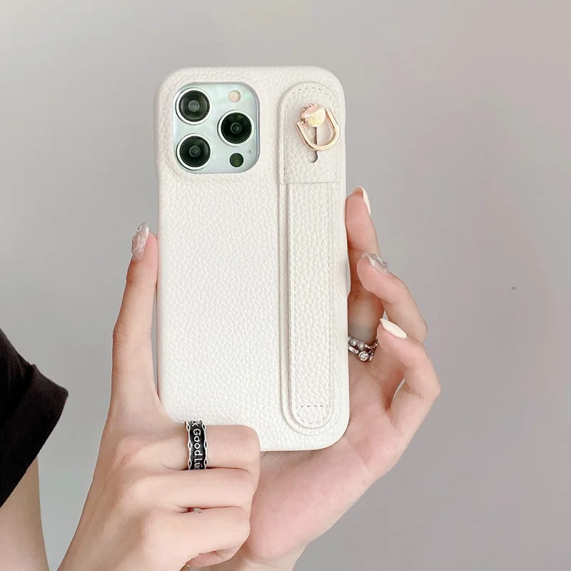 For iPhone 14 Pro Max Case Wristband Kickstand PU Leather + PET Phone Cover - White
