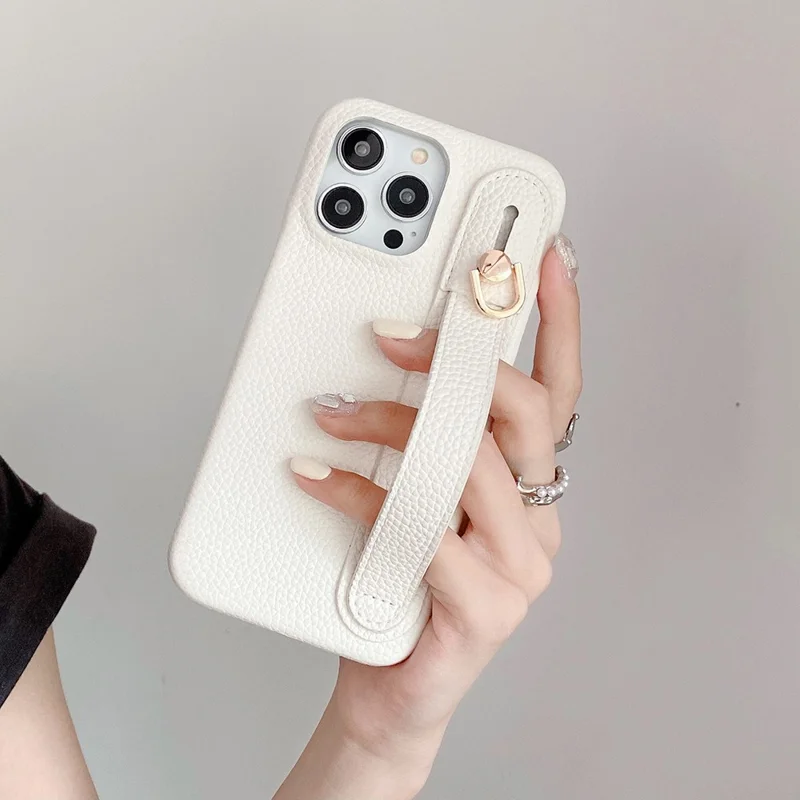 For iPhone 14 Pro Max Case Wristband Kickstand PU Leather + PET Phone Cover - White