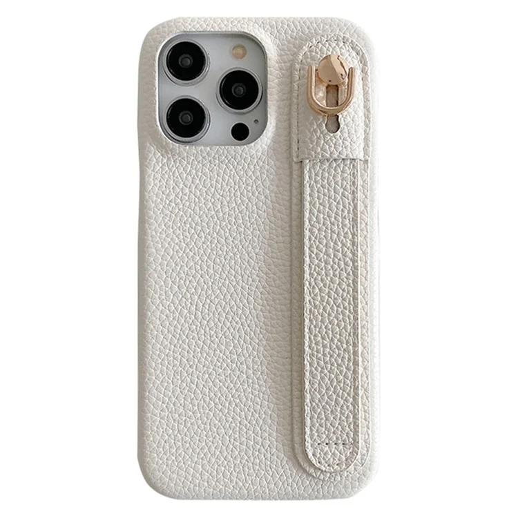 Étui pour iPhone 14 Pro avec sangle de poignet, support et couverture de téléphone en cuir PU + PET - Blanc