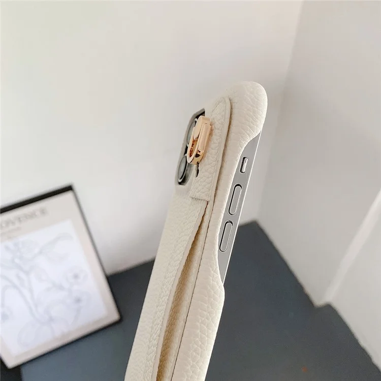 Étui pour iPhone 14 Pro avec sangle de poignet, support et couverture de téléphone en cuir PU + PET - Blanc