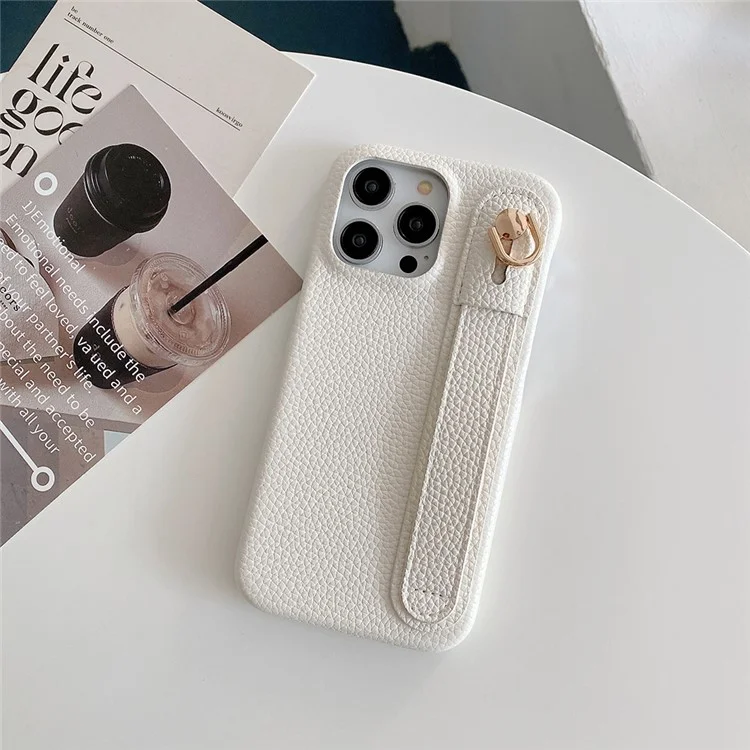 Étui pour iPhone 14 Pro avec sangle de poignet, support et couverture de téléphone en cuir PU + PET - Blanc