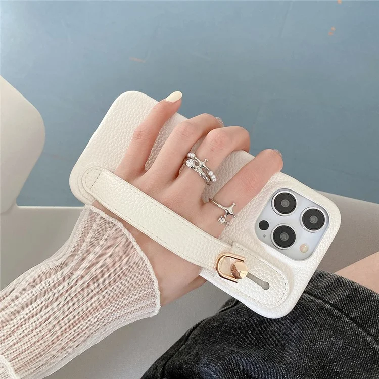 Étui pour iPhone 14 Pro avec sangle de poignet, support et couverture de téléphone en cuir PU + PET - Blanc